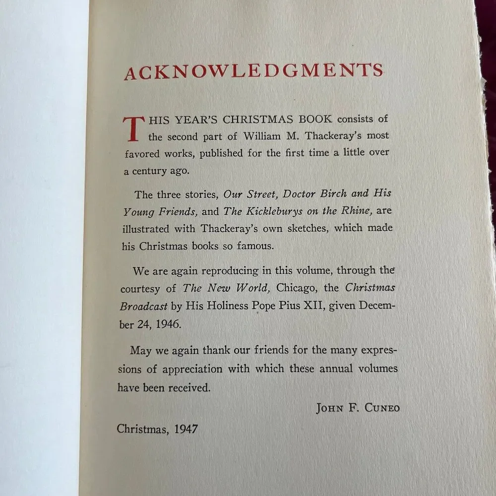 1947 A Book for Christmas Reading by William M. Thackeray, Vintage Book